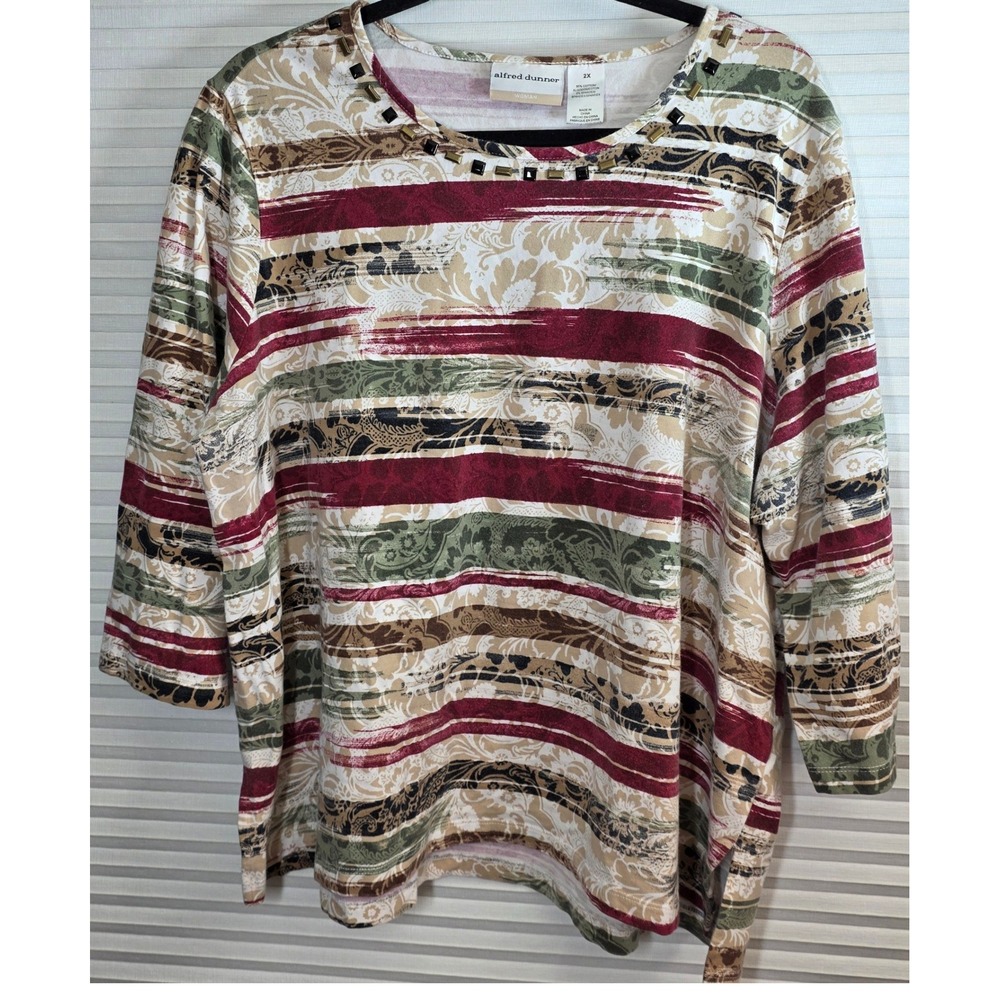 Vtg Alfred Dunner Top Plus Size 2X Multicolor Striped Paisley Studded 3/4 Sleeve